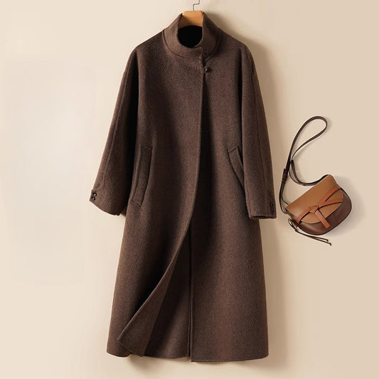 Women's Solid Color Double-Sided Wool Coat | Straight Cut Long Coat for Commute